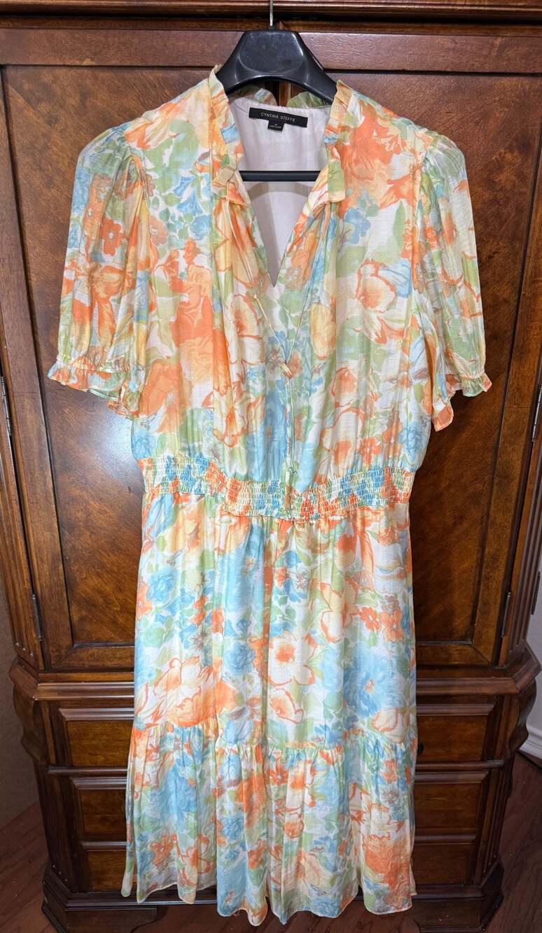 Cynthia Steffe Floral Print Ruffled Tie-Neck Midi Dress Pastel Watercolor
